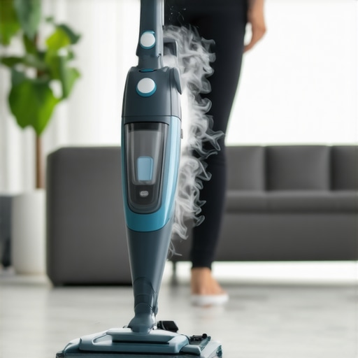 A microfiber steam mop cleaning a fabric sofa in a clean, modern living room