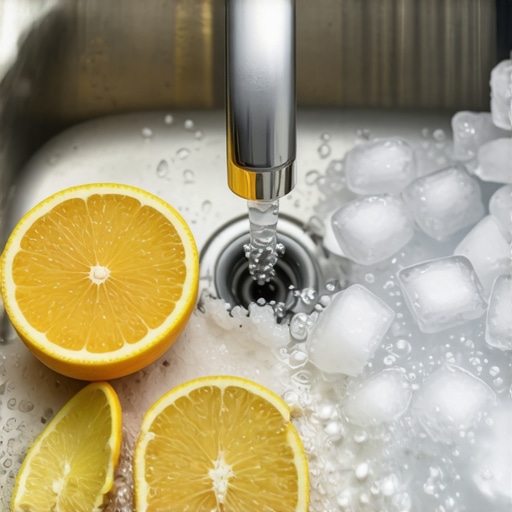 Kitchen sink with citrus peels, ice cubes, and baking soda for cleaning disposal