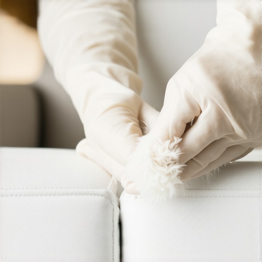 A person's hand wearing a damp rubber glove removing pet fur from a fabric sofa with a gentle motion.