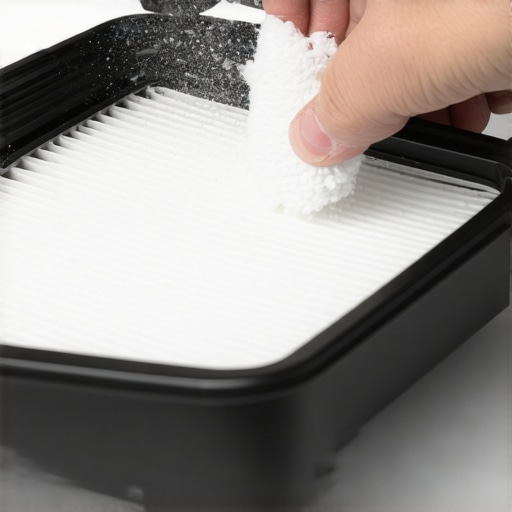 A person cleaning a vacuum filter with dust particles visible