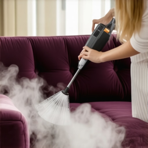 Person demonstrating careful velvet sofa steam cleaning with handheld steamer