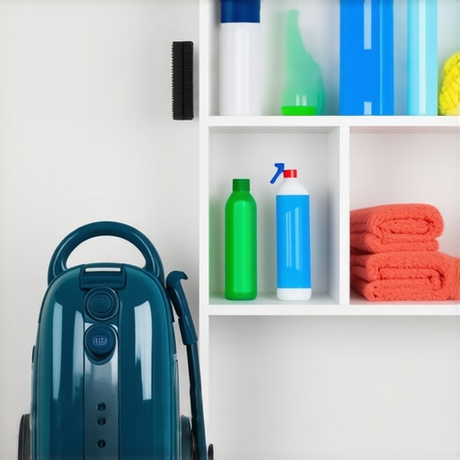 A collection of cleaned and well-maintained vacuum cleaner and brushes organized on a shelf in a bright room