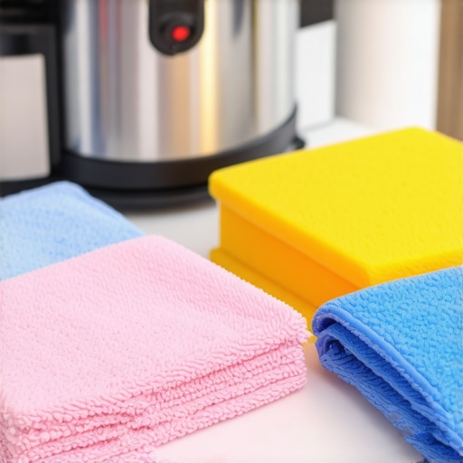 Quality Cleaning Tools for Maintenance Microfiber cloths and modern cleaning equipment ready for house maintenance