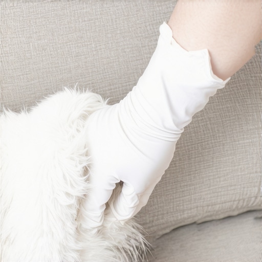 Hand in rubber glove wiping pet hair off a microfiber sofa