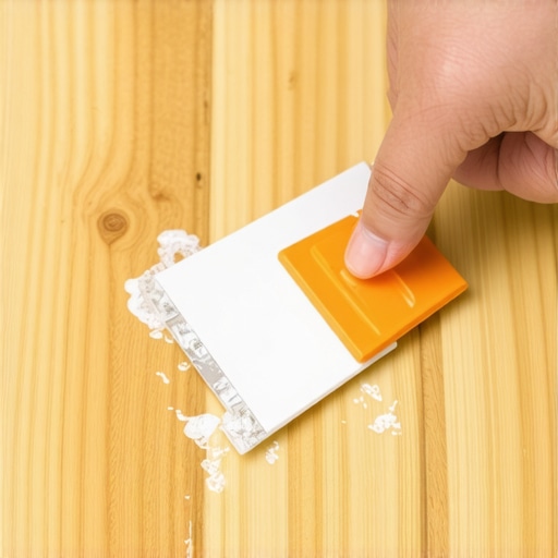 Person gently scrapes sticky glue off polished hardwood floor with plastic tool and cloth.
