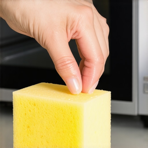 Person holding a sponge soaked in vinegar and microwaving it in a kitchen microwave.