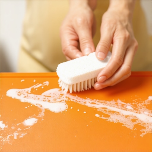 Hands applying bleach sanitizer to a cutting board with a brush