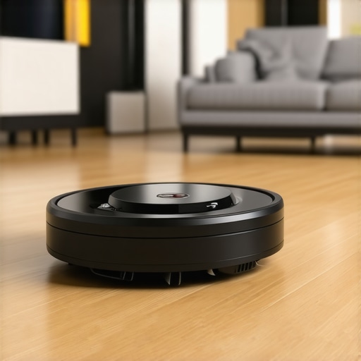 A sleek robotic vacuum actively cleaning a wooden floor, illustrating advanced home maintenance tools.