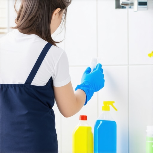 Person cleaning bathroom tiles with supplies in hand, wearing gloves and mask