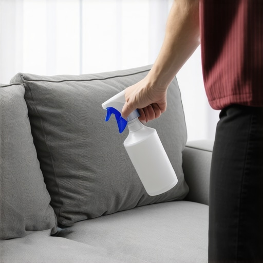 Person spraying cleaning solution on fabric sofa for stain removal