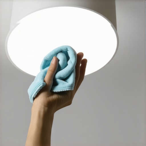 Hand polishing a ceiling light fixture with microfiber cloth and cleaner