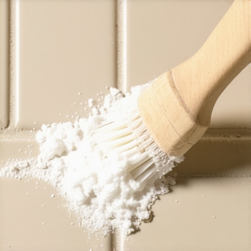 Cleaning grout mold naturally Person scrubbing moldy grout with a brush and baking soda paste