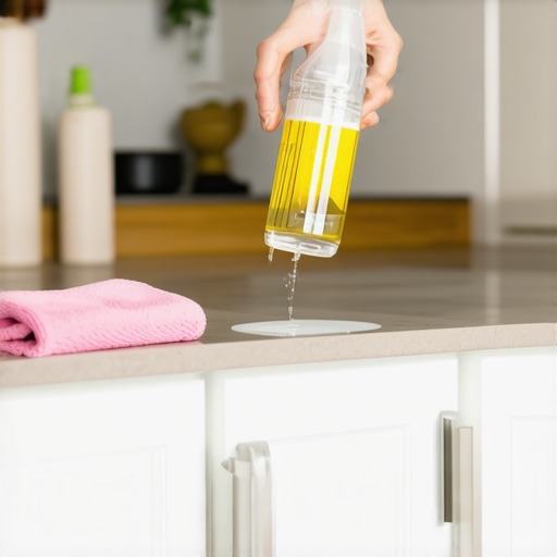 Person applying vinegar cleaning spray to kitchen cabinets