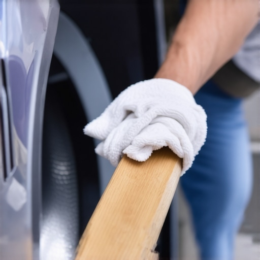 Person scrubbing the rubber gasket of a front-load washing machine with a brush
