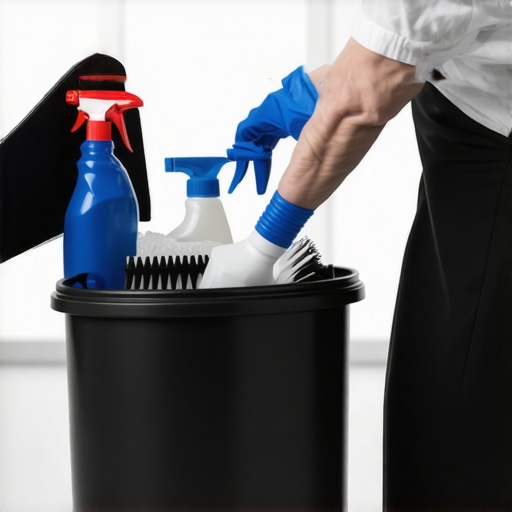 Person scrubbing a trash can with a brush and cleaning solution in a sunny room.