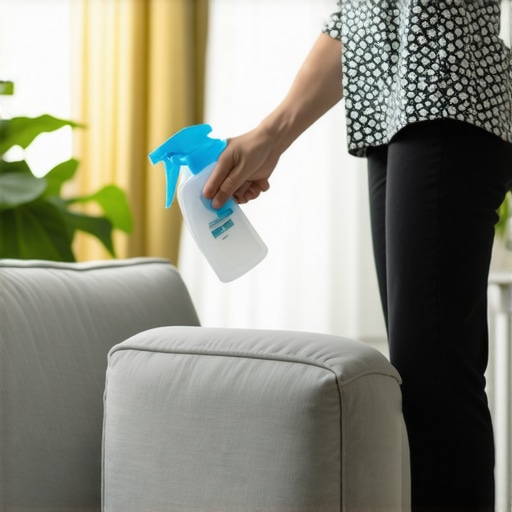 A person disinfecting a fabric sofa with a spray bottle in a bright living room