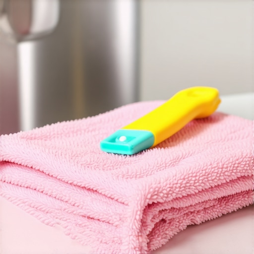 Microfiber cloths, spray bottles, and cleaning brushes on a kitchen counter