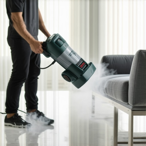 Person demonstrating steam cleaning and microfiber dusting in a clean, bright living room.