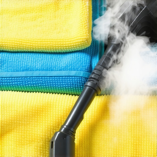 Microfiber cloths and steam cleaner ready for use in home cleaning