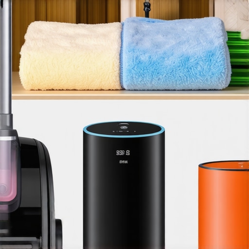 Microfiber cloths, steam cleaner, and air purifier used for cleaning in a bright modern home.