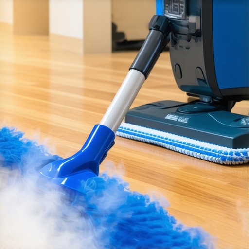 Microfiber mop and steam cleaner ready for use on hardwood floors