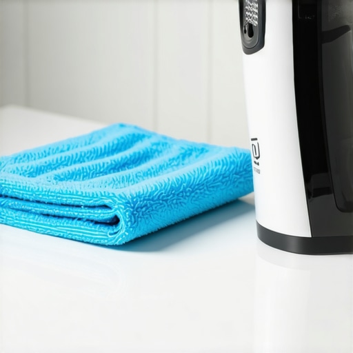Effective Home Cleaning Tools Handheld steam cleaner and microfiber cloths ready for use in home sanitation.