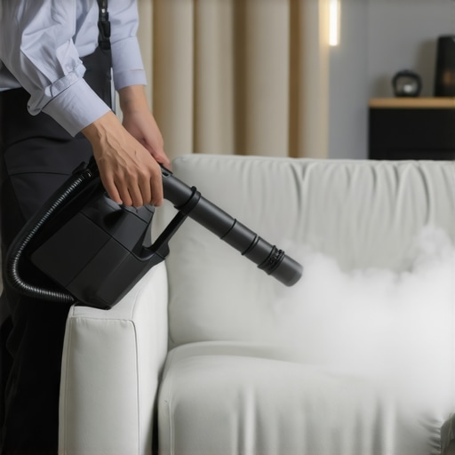 Effective Home Upholstery Steaming A person steam cleaning a fabric sofa with a professional device, demonstrating advanced upholstery care.