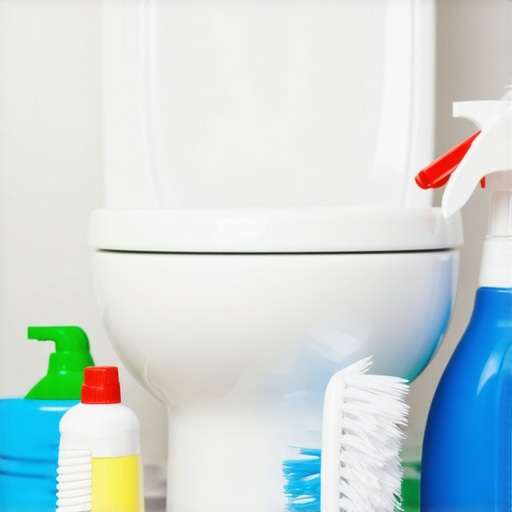 Person cleaning behind the toilet with brushes and cleaning solution in bathroom