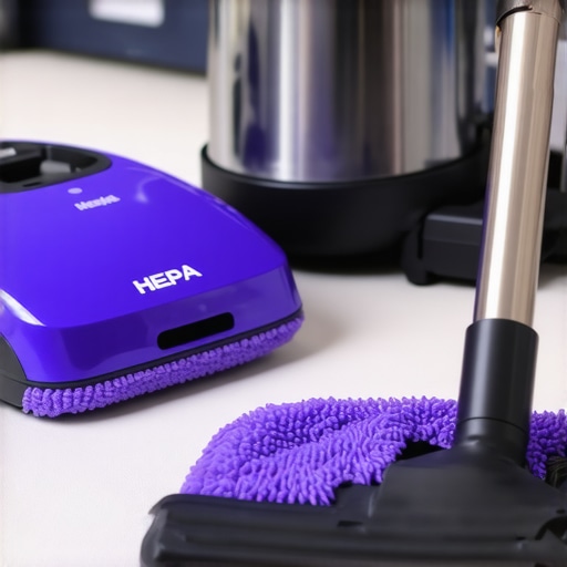 Microfiber cloths, mop, and HEPA vacuum in a tidy home environment.
