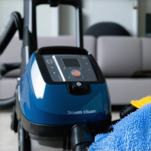 A steam cleaner and microfiber cloths arranged neatly on a cleaning closet shelf.