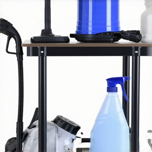 A set of professional-grade cleaning equipment including a steam cleaner, cordless vacuum, and disinfectant sprayer.