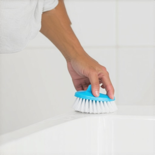 Person carefully cleaning bathroom grout with a soft-bristled brush