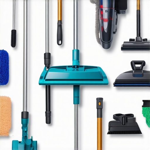 High-quality cleaning equipment for home maintenance A display of durable microfiber mops, steam cleaners, and HEPA vacuums used in professional home cleaning.