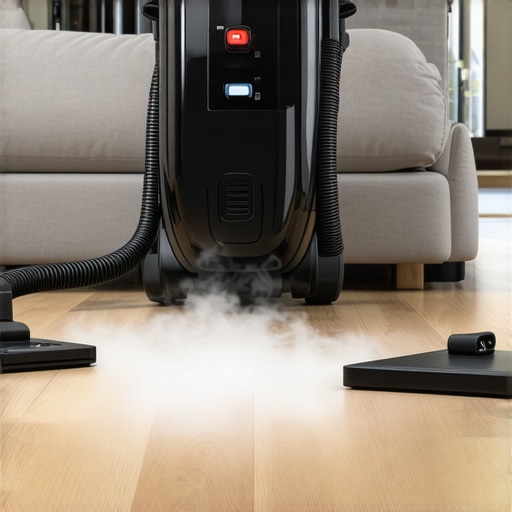 High-tech home cleaning tools like steam cleaners and microfiber cloths Professional steam cleaner and cleaning tools for upholstery and surfaces in a clean, modern home setting.