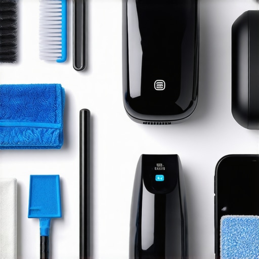 Clean home tools like microfiber cloths, steam cleaner, and smart home devices organized for home upkeep.