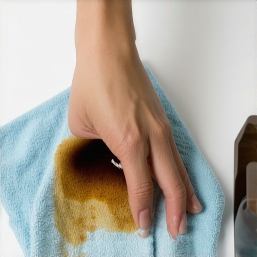 Person applying gentle cleaning to coffee stain on microfiber sofa with cloth and spray bottle