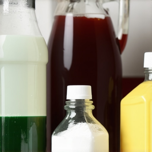 Vinegar, baking soda, and cleaning cloths used for removing water stains