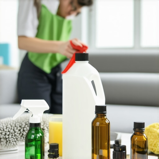 Natural Cleaning Supplies in a Cozy Living Room A cozy living room scene with natural cleaning supplies, essential oils, and cleaning tools on a table.