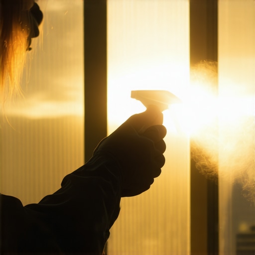 Person cleaning a window with vinegar solution using a spray bottle and microfiber cloth