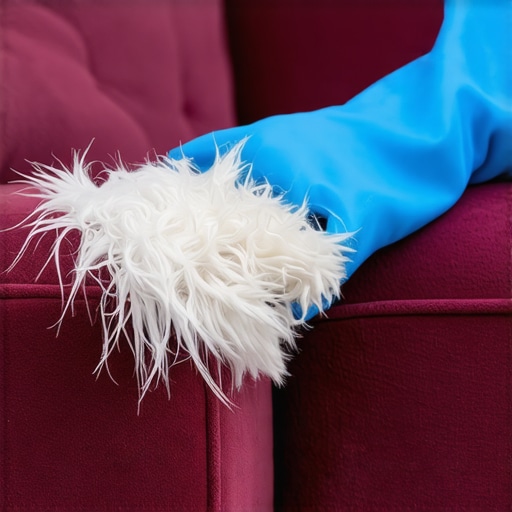 Close-up image of a rubber gloved hand wiping pet hair off a plush velvet sofa