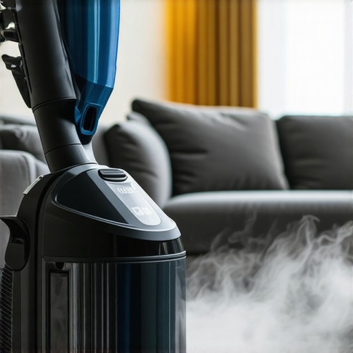 A professional-grade steam cleaner cleaning a sofa in a contemporary living room.