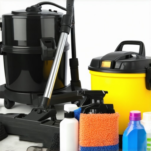 Professional cleaning tools for home maintenance A collection of vacuum, steam cleaner, and maintenance supplies ready for home cleaning and upkeep.
