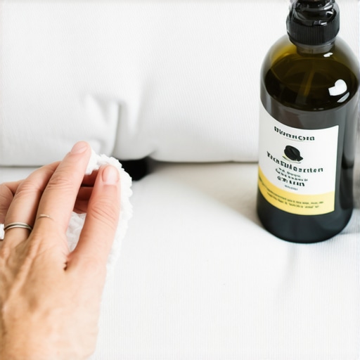 Person blotting ink stain from beige fabric sofa with cloth and alcohol