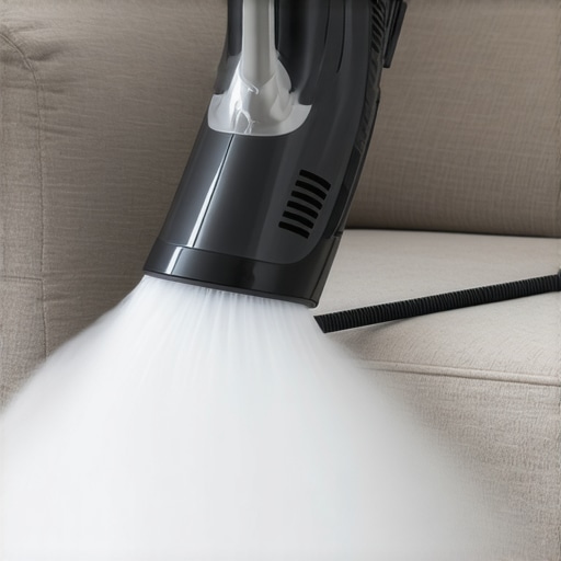 Upholstery steam cleaning in action A professional upholstery steamer cleaning a fabric sofa with visible steam.