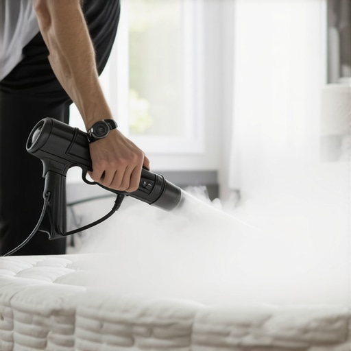 Person steam cleaning a mattress with a handheld appliance for deep allergen removal.