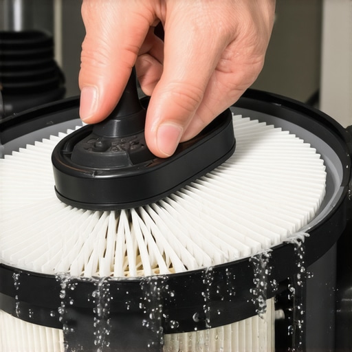 Person cleaning a vacuum filter with water and brush for better suction performance.
