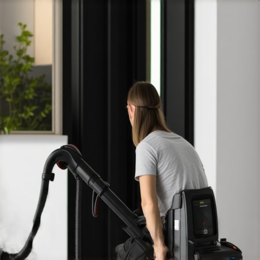 Person operating durable vacuum and steam cleaner in contemporary living room