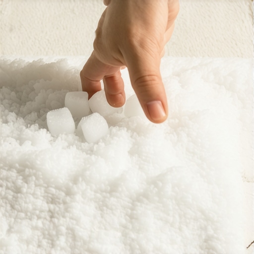 Person using ice cubes to restore flattened carpet fibers