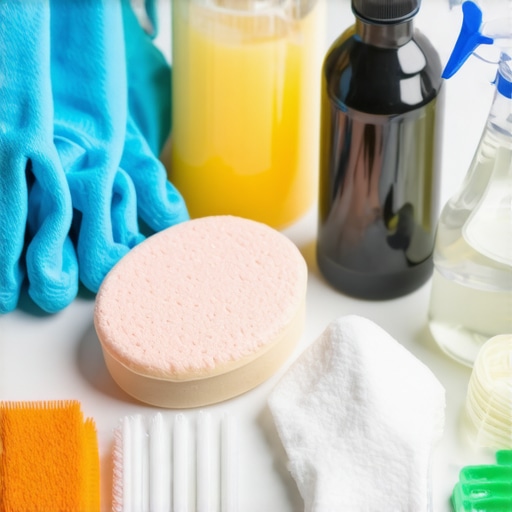 Various cleaning supplies like pumice stone, vinegar, baking soda, and gloves on a bathroom counter.
