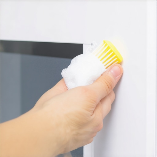Cleaning Under a Microwave Handle Person scrubbing grease from microwave handle with brush and cleaner